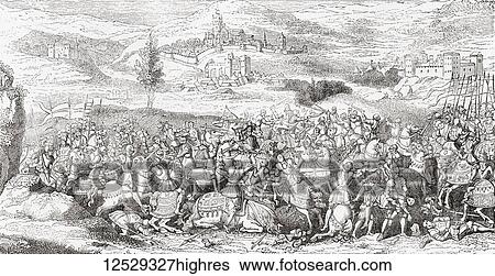 Stock Photograph - The Battle of the Spurs aka Battle of Guinegate, France, 16 August 1513. From Old England: A Pictorial Museum, published 1847.. Fotosearch