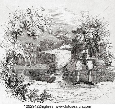 Stock Photograph - The Broad Stone, East Retford, Nottinghamshire, England, on which money, previously immersed in vinegar, was placed in exchange for food and goods during the Great Plague of 1665. From Old England: A Pictorial Museum, published 1847.. Fotosearch