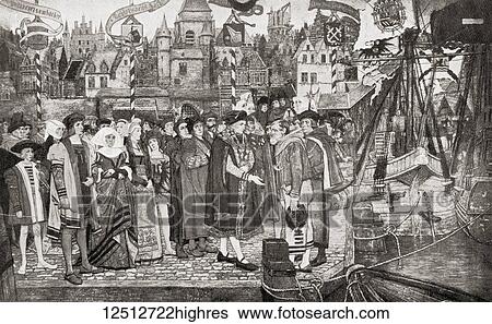 Stock Photograph - The Burgomaster of Antwerp, Belgium welcoming ships who had arrived in the city to trade, 1508. From Hutchinson's History of the Nations, published 1915.. Fotosearch