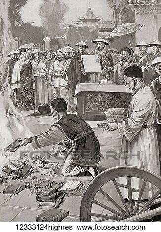 Stock Photograph - The burning of texts in 213 BC by the First Emperor of the Qin dynasty of ancient China, Qin Shi Huang. Wishing for literature to begin with his reign he ordered the burning of all books save those on medicine, divination, agriculture, and forestry..... Fotosearch