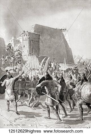 Stock Photograph - The capture of Memphis, Egypt by the Assyrian king Esarhaddon, 671 BC. Esarhaddon, king of the Neo-Assyrian Empire who reigned 681 669 BC. From Hutchinson's History of the Nations, published 1915.. Fotosearch
