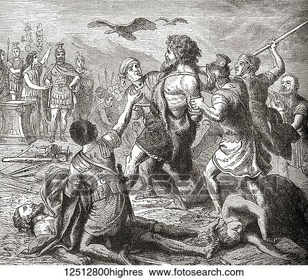 Stock Photograph - The capture of Teutobochus, a legendary giant and king of the Teutons. From Ward and Lock's Illustrated History of the World, published c. 1882.. Fotosearch