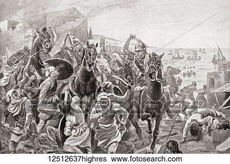 Stock Photograph - The capture of Tyre by Evagoras of Cyprus, c. 391 BC. Evagoras aka Euagoras. King of Salamis (411374 BC) in Cyprus. From Hutchinson's History of the Nations, published 1915.. Fotosearch