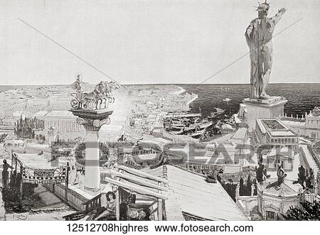Stock Photograph - The Colossus of Rhodes. A statue of the Greek titan-god of the sun Helios, erected in the city of Rhodes, Greece by Chares of Lindos in 280 BC. One of the Seven Wonders of the Ancient World. From Hutchinson's History of the Nations, published 1915.. Fotosearch