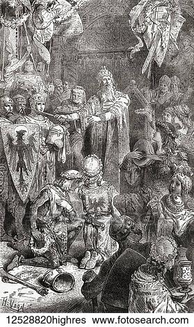 Stock Photograph - The court of Frederick Barbarossa at Mainz, Germany. Frederick I, 1122 1190, aka Frederick Barbarossa. Holy Roman Emperor, king of Germany, king of Italy and king of Burgundy. From Ward and Lock's Illustrated History of the World, published c. 1882.. Fotosearch