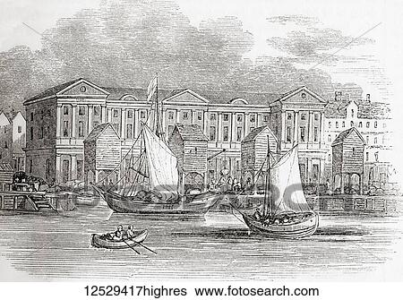 Stock Photograph - The Custom House, London, England, as it appeared before the Great Fire. From Old England: A Pictorial Museum, published 1847.. Fotosearch