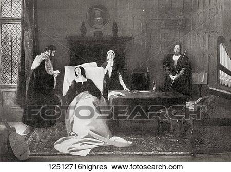 Stock Photograph - The death of Catherine of Aragon, 1536. Catherine of Aragon, also spelled Katherine, 1485 1536. Queen of England from June 1509 until May 1533 as the first wife of King Henry VIII. From Hutchinson's History of the Nations, published 1915.. Fotosearch