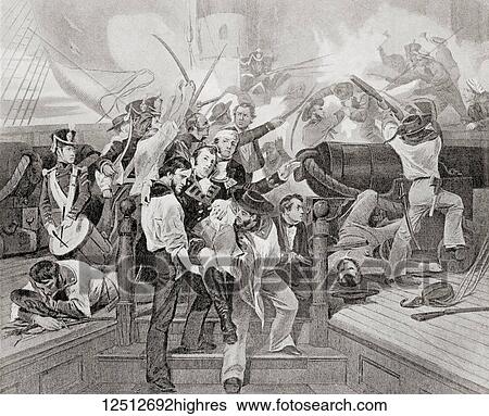 Stock Photograph - The death of James Lawrence aboard the USS Chesapeake after a single-ship action against HMS Shannon during The War of 1812. James Lawrence, 1781 1813. American naval officer. From Hutchinson's History of the Nations, published 1915.. Fotosearch