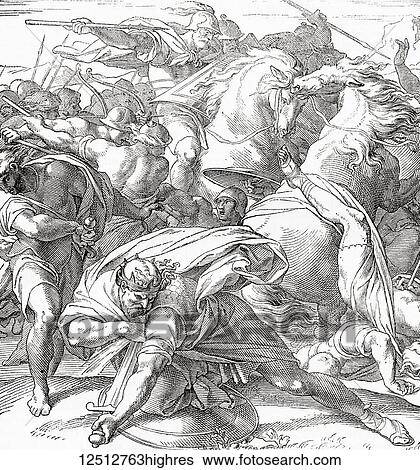 Stock Photograph - The death of King Saul at the Battle of Gilboa against the Philistines. Saul, first king of the Kingdom of Israel and Judah. From Ward and Lock's Illustrated History of the World, published c. 1882.. Fotosearch