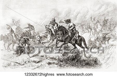 Stock Photograph - The defeat of guerrilla fighter Hawkins by Colonel Joseph Shelby during the American Civil War (1861-1865). Joseph Orville Jo Shelby, 1830 1897. Confederate cavalry general in the Trans-Mississippi Theater of the American Civil War. From L'Univers.... Fotosearch