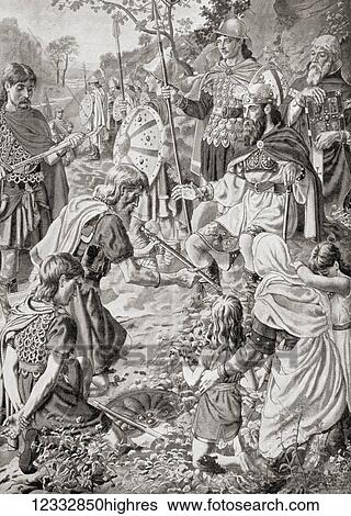 Stock Photograph - The defeat of Guthrum by Alfred the Great after the Battle of Edington in 878. Guthrum or Gurum, died c. 890. King of the Danish Vikings. Alfred the Great, 849 899. King of Wessex from 871 to 899. From Hutchinson's History of the Nations, published 1915.. Fotosearch