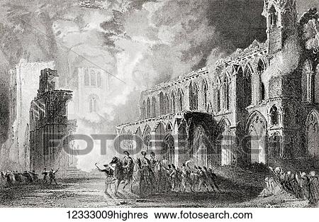 Stock Photograph - The destruction of Elgin Cathedral, Moray, Scotland in 1390 by Robert III's brother Alexander Stewart, Earl of Buchan, aka the Wolf of Badenoch. From Hutchinson's History of the Nations, published 1915.. Fotosearch
