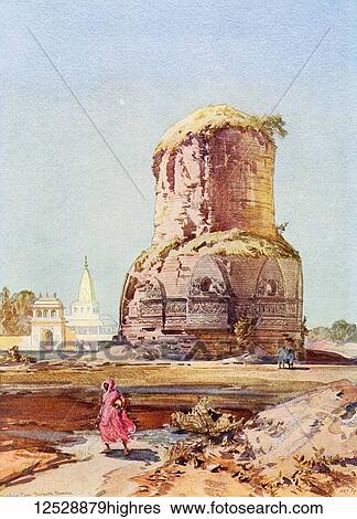 Stock Photograph - The Dhamek Stupa, Sarnath, Uttar Pradesh, India, seen here in the late 19th century. From The Wonders of the World, published c. 1920.. Fotosearch