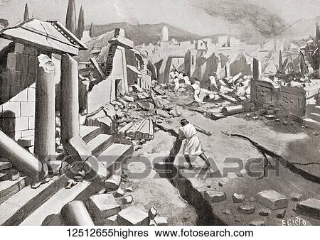 Stock Photograph - The earthquake at Sparta, ancient Greece, 464 BC. From Hutchinson's History of the Nations, published 1915.. Fotosearch