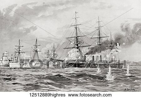 Stock Photograph - The engagement between the Peruvian ship Huscar and Chilean warships at the The Battle of Angamos, 1789, during the War of the Pacific. From Hutchinson's History of the Nations, published 1915.. Fotosearch