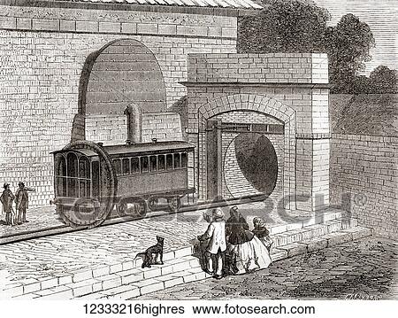 Stock Photograph - The entrance to The Crystal Palace pneumatic railway, an experimental atmospheric railway that ran in Crystal Palace Park between the Sydenham and Penge entrances to the park in 1864. Tickets cost sixpence each, the trains ran between 1pm and 6pm and.... Fotosearch