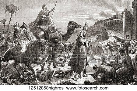 Stock Photograph - The entry of Umar into Jerusalem, 638. Umar, also spelled Omar, c. 584 - 644. One of the most powerful and influential Muslim caliphs in history. From Ward and Lock's Illustrated History of the World, published c. 1882.. Fotosearch