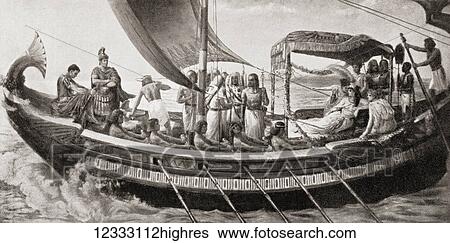 Stock Photograph - The escape of Antony and Cleopatra to Egypt after the Battle of Actium in 31 BC. Cleopatra VII Philopator, 69 - 30 BC. Last active ruler of Ptolemaic Egypt. Marcus Antonius, 83 BC 30 BC, aka Mark or Marc Antony. Roman politician and general..... Fotosearch