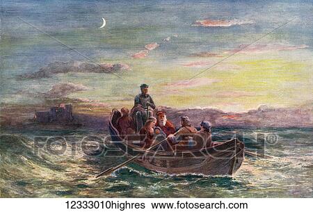 Stock Photograph - The escape of Mary, Queen of Scots, 2 May 1568 from Loch Leven Castle, Scotland, aided by George Douglas, brother of Sir William Douglas, the castle's owner. Mary, Queen of Scots, 1542 1587, aka Mary Stuart or Mary I of Scotland. From Hutchinson's.... Fotosearch