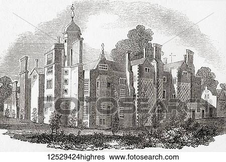 Stock Photograph - The first Hindlip Hall, Worcestershire, England, before its demolition due to fire in 1820. From Old England: A Pictorial Museum, published 1847.. Fotosearch
