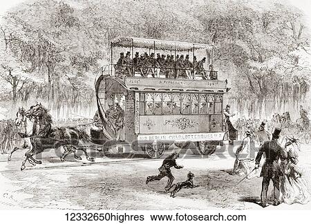 Stock Photograph - The first horse-bus or horse-drawn omnibus line from Brandenburger Tor, Berlin, Germany to Charlottenburg in 1825. From L'Univers Illustre published 1867.. Fotosearch