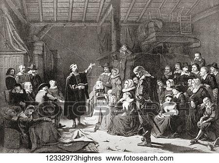 Stock Photograph - The first meeting of the Pilgrim Fathers, 17th century. From Hutchinson's History of the Nations, published 1915.. Fotosearch