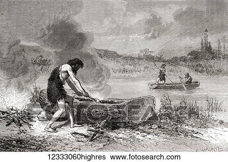 Stock Photograph - The first navigators during the Neolithic Age aka New Stone Age or Age of the Polished Stone. From L'Homme Primitif, published 1870.. Fotosearch