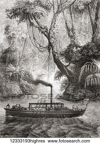 Stock Photograph - The first successful trial run of John Fitch's steamboat Perseverance on the Delaware River, America, August 22, 1787. From Les Merveilles de la Science, published 1870.. Fotosearch