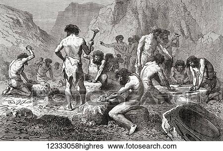 Stock Photograph - The first workshop of human industry, the manufacture and polishing of flint in Pressigny, France during the Neolithic Age aka New Stone Age or Age of the Polished Stone. From L'Homme Primitif, published 1870.. Fotosearch