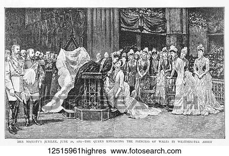Stock Photograph - The Graphic Newspaper/Magazine June 1st 1897, Queens Victoria's Diamond Jubilee. Her Majesty's Jubilee, June 21, 1887 - The Queen embracing the Princess of Wales in Westminster Abbey. Fotosearch