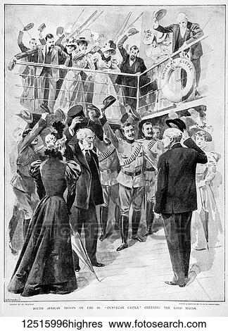Stock Photograph - The Graphic Newspaper/Magazine June 1st 1897, Queens Victoria's Diamond Jubilee. South African troops on the S. S. Dunvegan Castle cheering the Lord Mayor. Fotosearch
