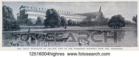 Stock Photograph - The Graphic Newspaper/Magazine June 1st 1897, Queens Victoria's Diamond Jubilee. The Great Exhibition of 1851, the view of the exhibition buildings from the Serpentine. Fotosearch