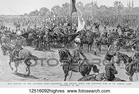 Stock Photograph - The Graphic Newspaper/Magazine June 1st 1897, Queens Victoria's Diamond Jubilee. Her Majesty at the saluting point reviewing the troops after the Egyptian war in St James's park. November 18, 1882. Fotosearch