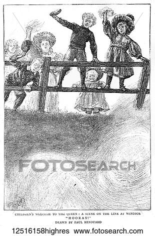 Stock Photograph - The Graphic Newspaper/Magazine June 1st 1897, Queens Victoria's Diamond Jubilee. Children welcome the queen, a scene from the train line at Windsor. Fotosearch