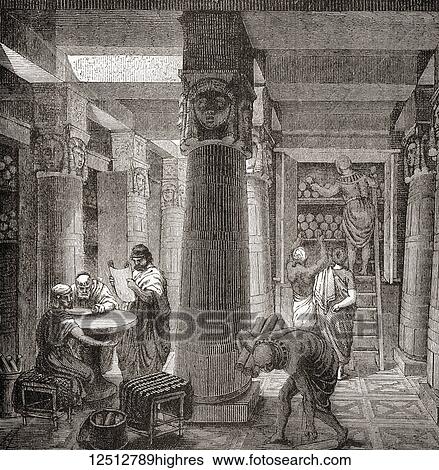 Stock Photograph - The Great Library of Alexandria, Egypt. From Ward and Lock's Illustrated History of the World, published c. 1882.. Fotosearch