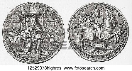 Stock Photograph - The Great Seal of James I. James VI and I, 1566 1625. King of Scotland as James VI from 24 July 1567 and King of England and Ireland as James I from 24 March 1603 - 1625. From Old England: A Pictorial Museum, published 1847. From Old England: A.... Fotosearch