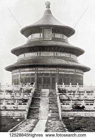 Stock Photograph - The Hall of Prayer for Good Harvests in the Temple of Heaven, Beijing, China, seen here c. 1900, an Imperial complex of religious buildings. From The Wonders of the World, published c. 1920.. Fotosearch