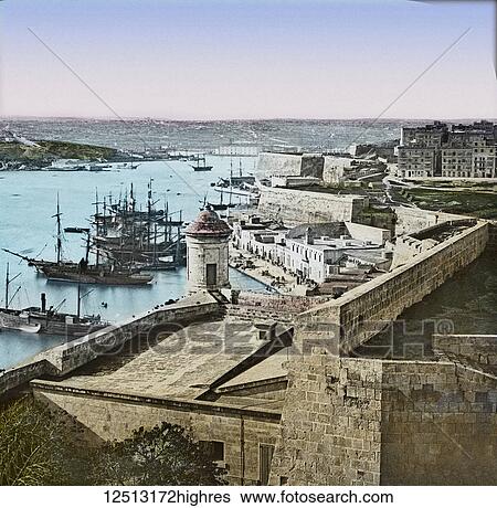 Stock Photograph - The harbour of Malta from Port Tigru along the Mediterranean circa 1900, Magic lantern slide; Malta. Fotosearch
