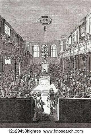 Stock Photograph - The House of Commons, Palace of Westminster, London, England in the time of George II. From Old England: A Pictorial Museum, published 1847.. Fotosearch