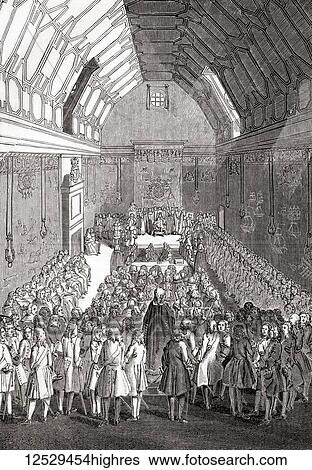 Stock Photograph - The House of Lords, Palace of Westminster, London, England in the time of George II. From Old England: A Pictorial Museum, published 1847.. Fotosearch