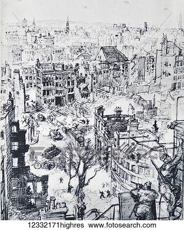 Stock Photograph - The Illustrated London News 1941. A spectacular scene from the roof of a telephone exchange during a bren-carrier attack against the Falcon Street barricades. Bombed, machine gunned and sniped from all sides the carriers were effectively disposed of.... Fotosearch