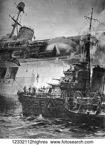 The Illustrated London News 1941. World war II. The captain of the Ark Royal after working in vain for 12 hrs descending by rope to the waiting destroyer. View Large Photo Image Stock Photograph - The Illustrated London News 1941. World war II. The captain of the Ark Royal after working in vain for 12 hrs descending by rope to the waiting destroyer.. Fotosearch