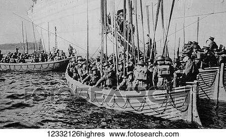 Stock Photograph - The Illustrated London News 1941. World war II British forces ont he Norwegian Arctic Archipelago of Spitzbergan or Swalbard. Canadian troops leaving their ship for the shore. Fotosearch