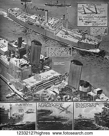Stock Photograph - The Illustrated London News 1941. World war II. Catapulted Aeroplanes protecting the merchant fleet. Merchantmen carrying their own fighter planes. Fotosearch