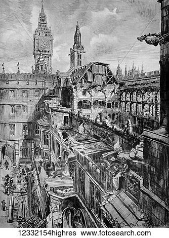 Stock Photograph - The Illustrated London News 1941. World war II. The ruined, bombed, House of Commons seen from the Palace of Westminster showing the gutted and roofless chamber.. Fotosearch