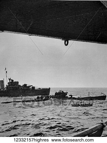Stock Photograph - The Illustrated London News 1941. World war II. Forced to surface by depth charges Italians lining the deck of a sinking submarine. Fotosearch