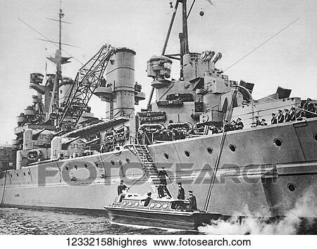 Stock Photograph - The Illustrated London News 1941. World war II. the King spends three days aboard the King George V, his majesty descending the gangway to his barge. Fotosearch