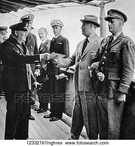 Stock Photograph - The Illustrated London News 1941. World war II. A letter from His Majesty the King being presented to Mr President Roosevelt by Mr Churchill. Fotosearch