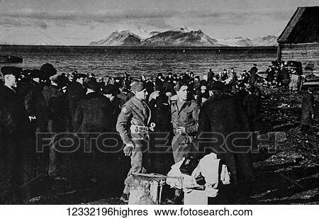 Stock Photograph - The Illustrated London News 1941. World war II. Norwegians waiting to be taken aboard British vessels in the late evening in Spitzbergen. Fotosearch