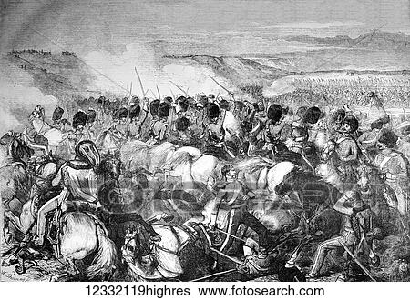 Stock Photograph - The Illustrated London News etching from 1854. The battle of Balaclava, attack of the Scots Greys. Crimean War. Fotosearch